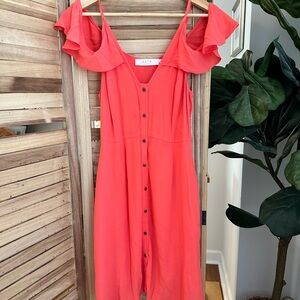 Astr Coral Ruffle-Shoulder Button Midi Dress